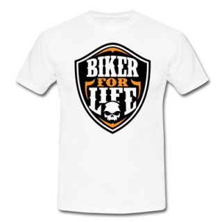 BIKER FOR LIFE - Skull Logo Crest - biele pánske tričko