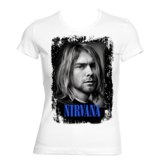 KURT COBAIN - Portrait Blue Logo - biele dámske tričko