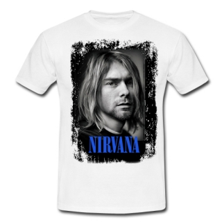 KURT COBAIN - Portrait Blue Logo - biele pánske tričko