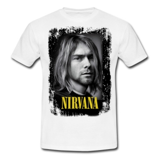 KURT COBAIN - Portrait Yellow Logo - biele pánske tričko