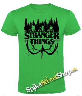 STRANGER THINGS - Black Logo Flip - zelené pánske tričko