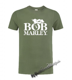 BOB MARLEY - Logo & Flag - olivové pánske tričko