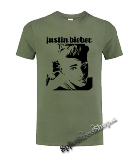 JUSTIN BIEBER - Portrait & Logo - olivové pánske tričko