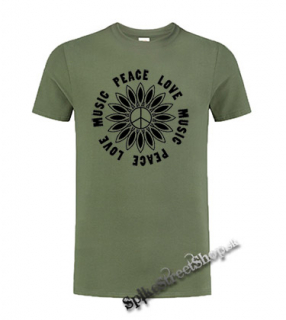 PEACE LOVE MUSIC - olivové pánske tričko